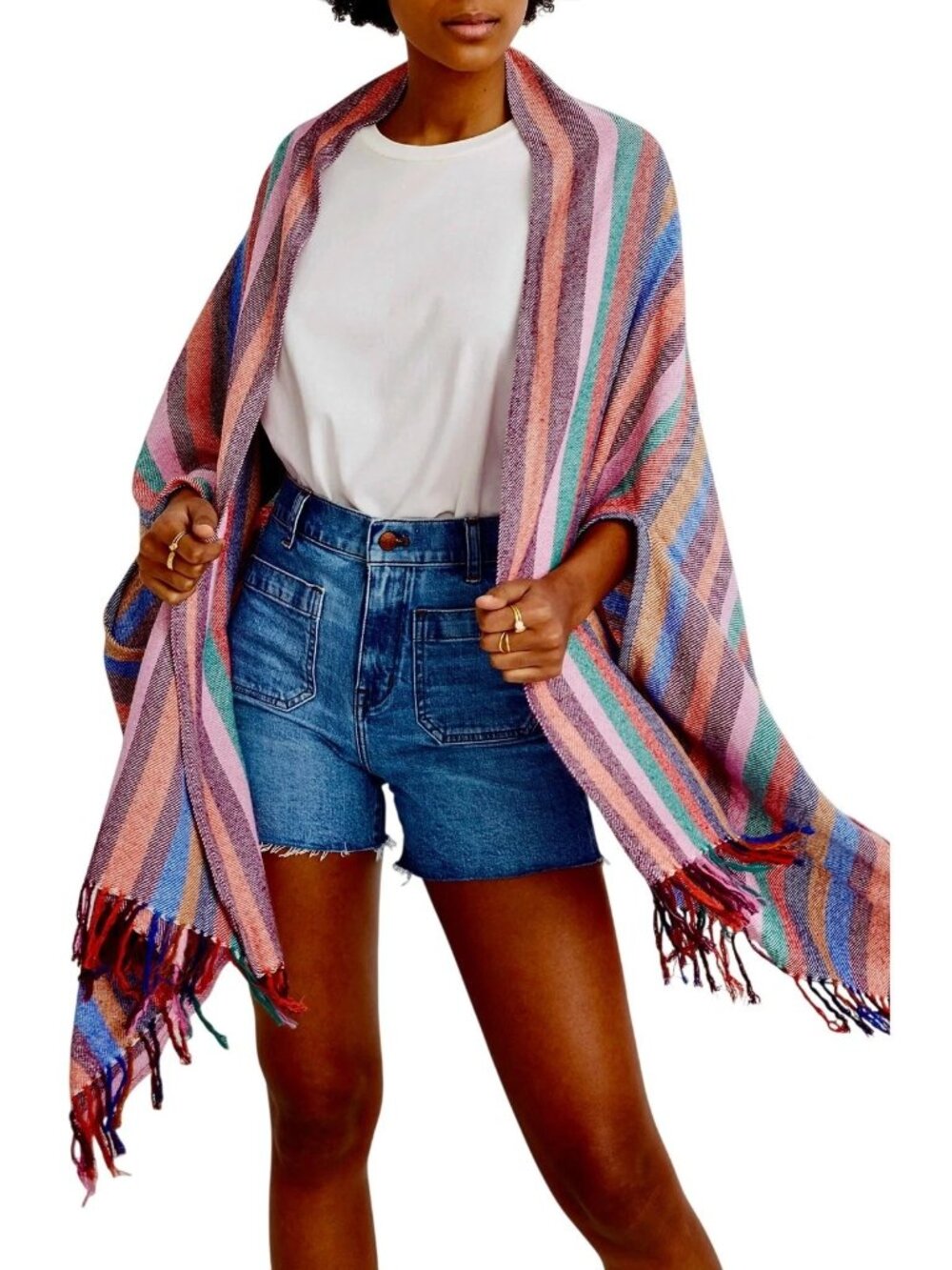MADEWELL Silk Cotton Blend Multi-Color Striped Fringe Boho Festival Scarf